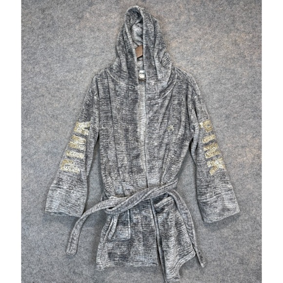 Victoria's Secret Other - Victoria Secret PINK Plush Robe Womens XS SMall Sparkling Sequin Hooded Belted